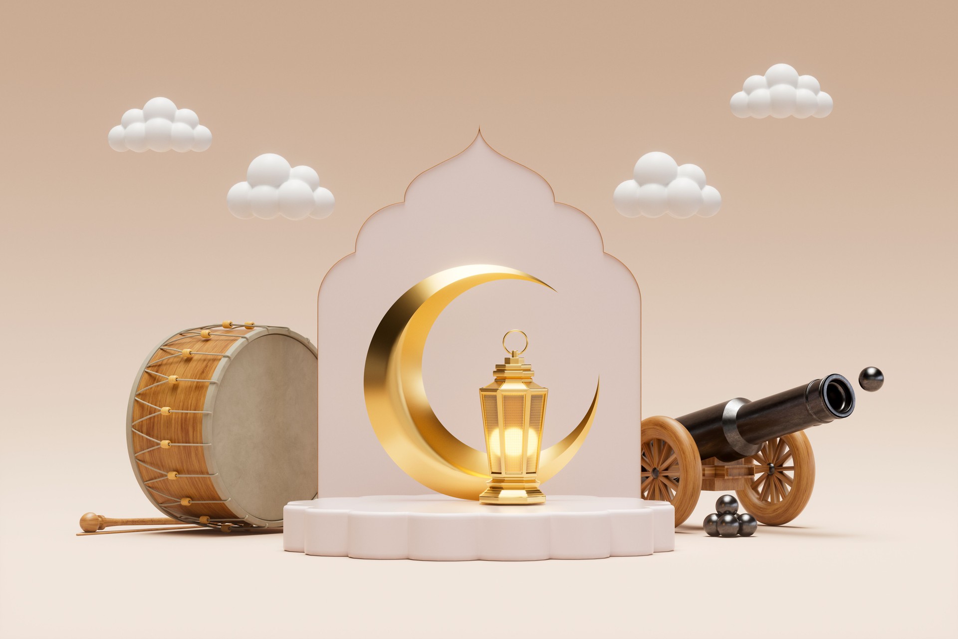 Ramadan Drum, Iftar Cannon, Lantern and Crescent on Podium, Islamic Background, Happy Eid Mubarak